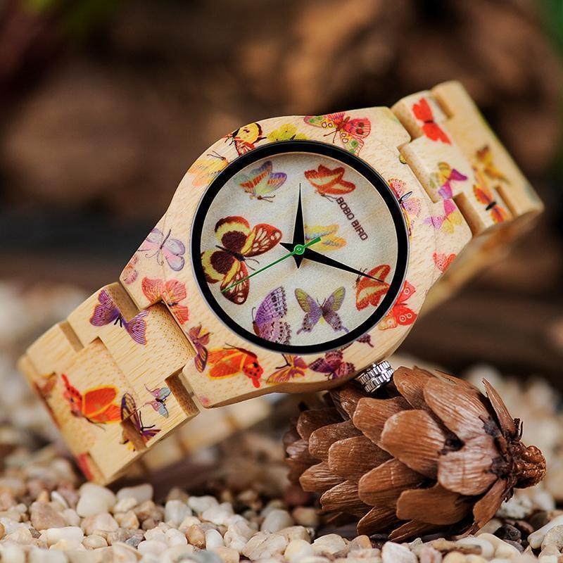 Wooden Watch for Women Band Painting Butterfly in Wooden Box