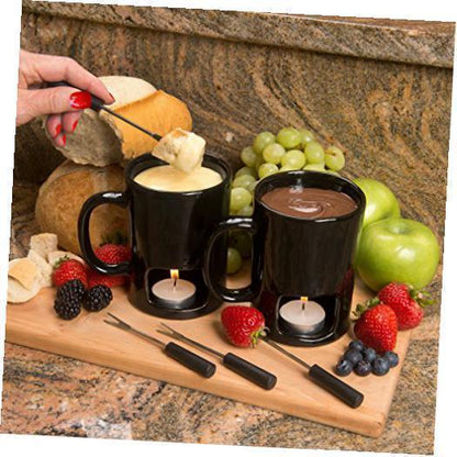 Set of 2 Fondue Mugs With 8 Votives, 4 Forks